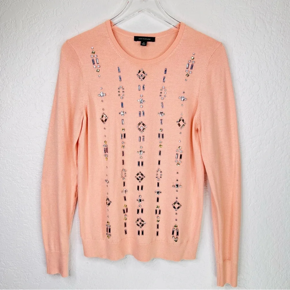 Ann Taylor Blush Pink Gemstone Embellished Wool Blend Knit Crew Neck Sweater